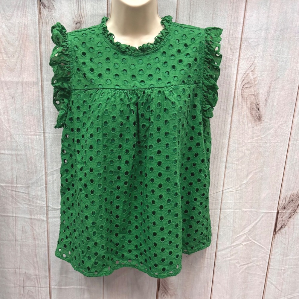 Jodifl Green Eyelet Lace Ruffle High Neck Blouse Long Sleeve Top Large